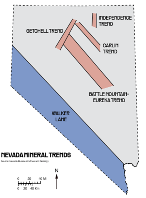 Gold-rich geological trends in Nevada.