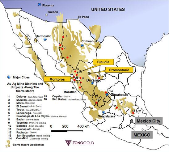 A map showing mines and potential projects clustered around Durango, near the Claudia project